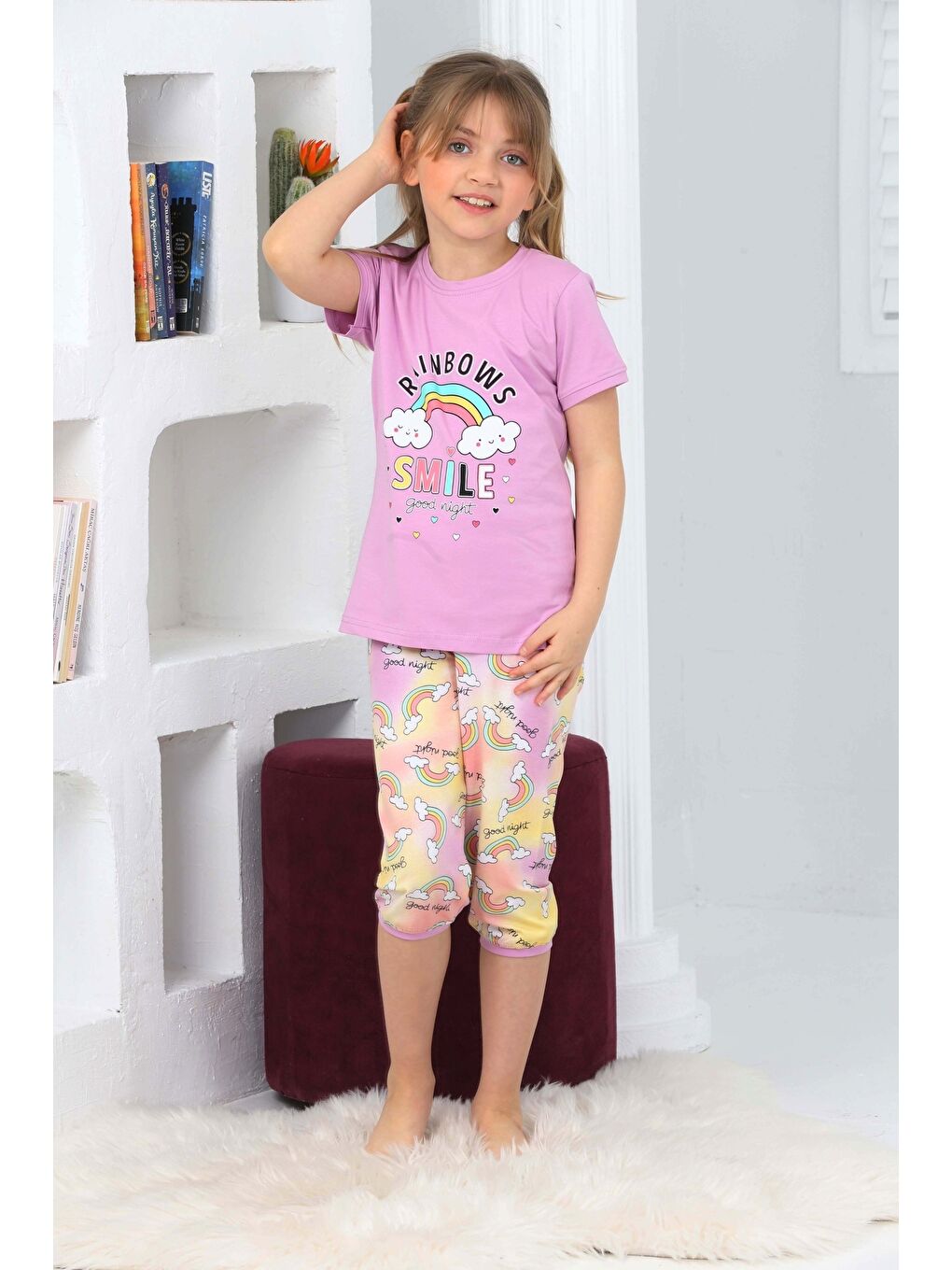 Kapi Kids Lila Kız Çocuk Kaprili-Gökkuşağı Baskılı Pijama Takımı Mnx 6100-01 - 1