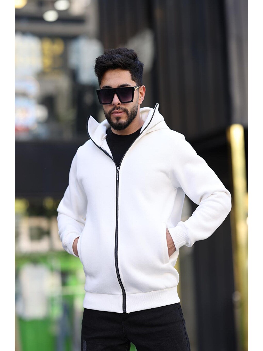 Beyaz Ninja Kar Maskeli Kapüşonlu Üç İplik Pamuklu Fermuarlı Unisex Sweatshirt