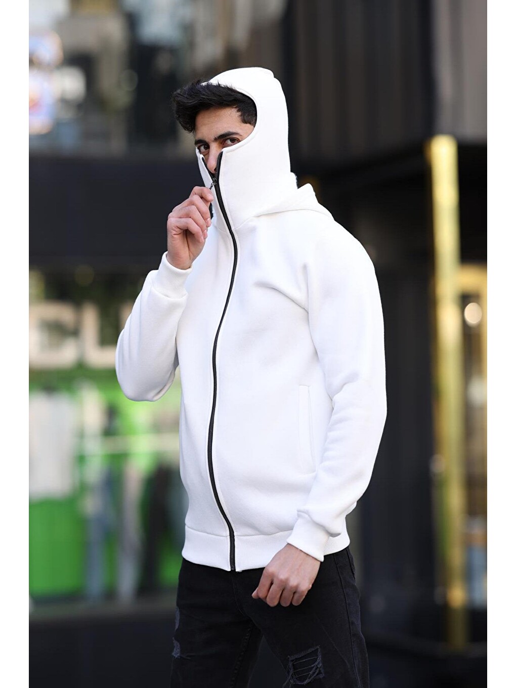 Beyaz Ninja Kar Maskeli Kapüşonlu Üç İplik Pamuklu Fermuarlı Unisex Sweatshirt-1