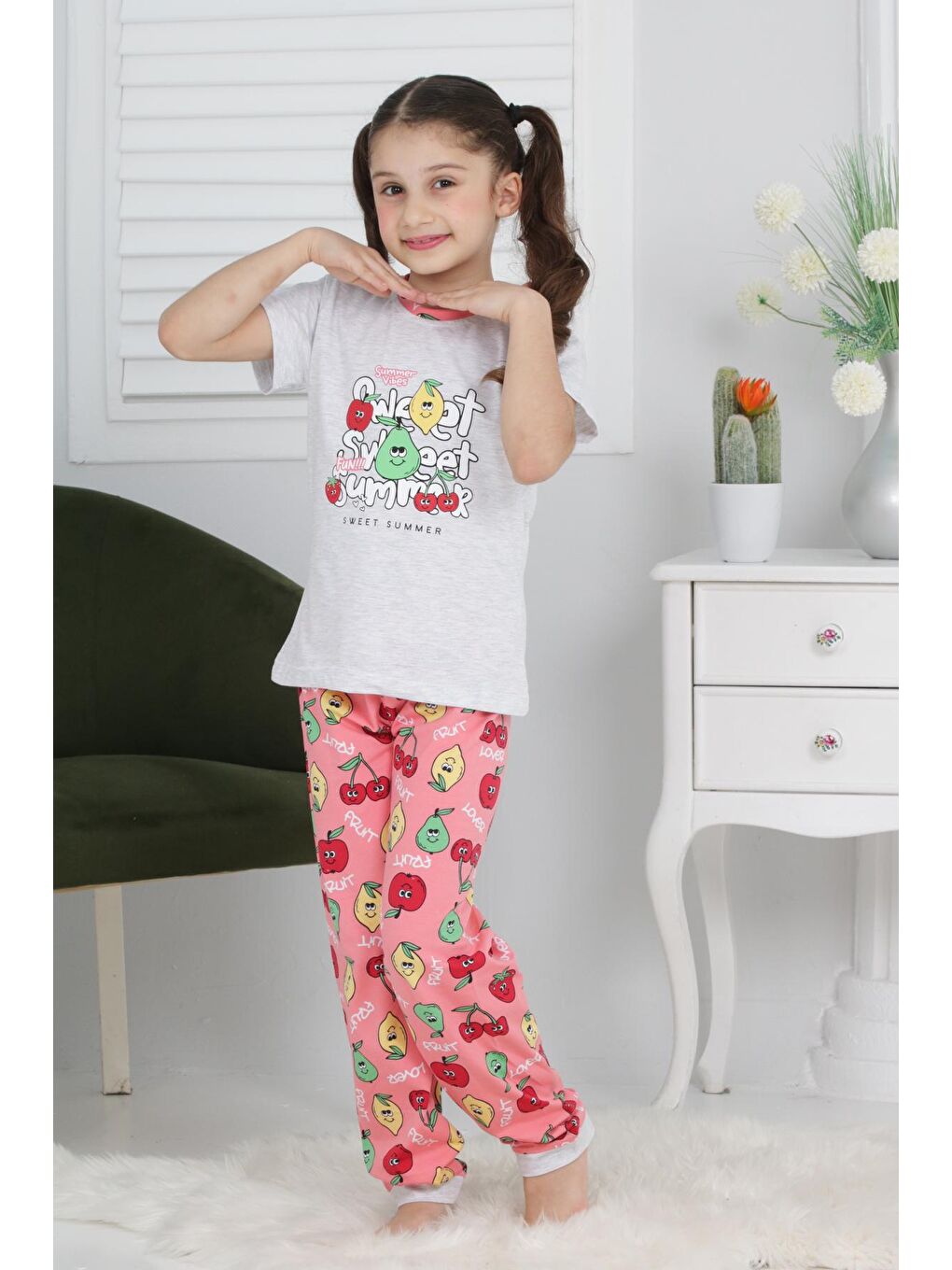 Kapi Kids Gri Kız Çocuk Meyve Baskılı Pijama Takımı 3-11 Yaş 6073-74 - 2