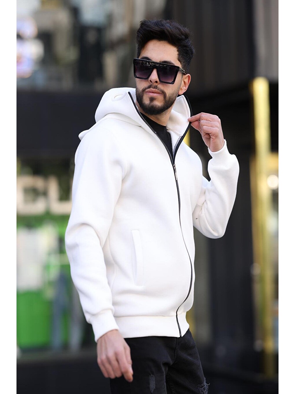 Beyaz Ninja Kar Maskeli Kapüşonlu Üç İplik Pamuklu Fermuarlı Unisex Sweatshirt-2
