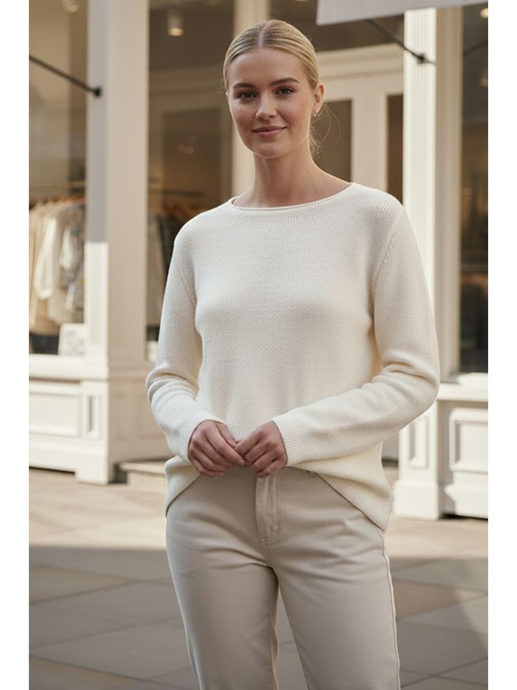 Bej Kayık Yaka Uzun Kol Selanik Örgü Casual Oversize Triko Kazak 66 68-1