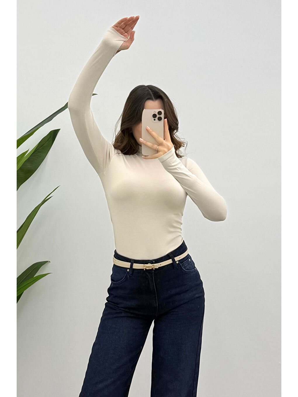 Bej Kadın Taş Parmak Detaylı Body-6