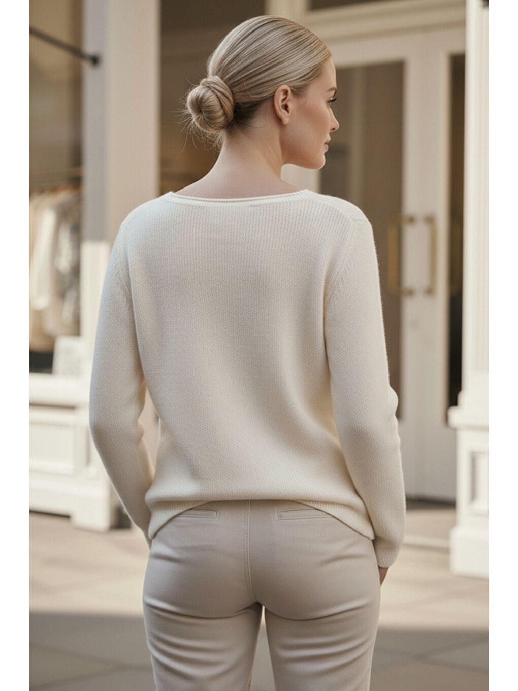 Bej Kayık Yaka Uzun Kol Selanik Örgü Casual Oversize Triko Kazak 66 68-2