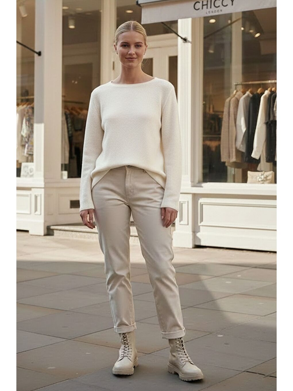 Bej Kayık Yaka Uzun Kol Selanik Örgü Casual Oversize Triko Kazak 66 68-3