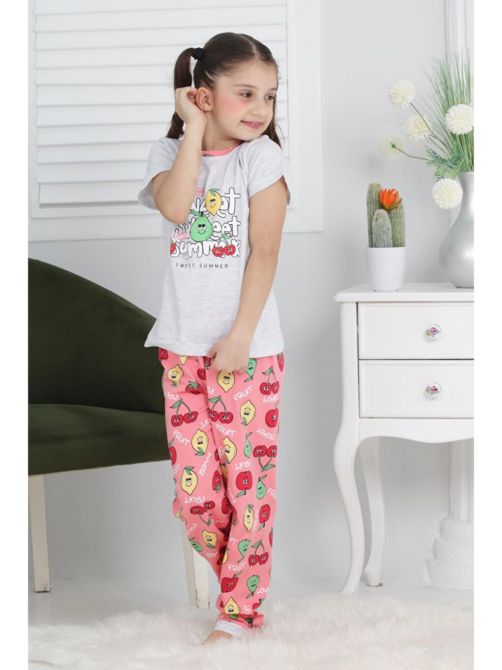 Kapi Kids Gri Kız Çocuk Meyve Baskılı Pijama Takımı 3-11 Yaş 6073-74 - 3