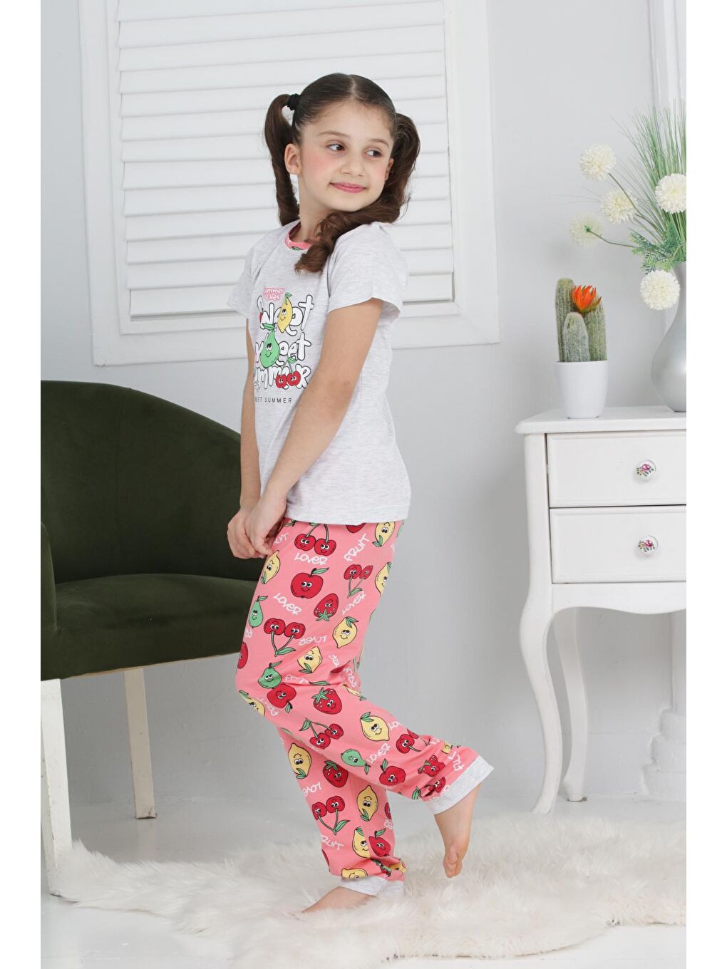 Kapi Kids Gri Kız Çocuk Meyve Baskılı Pijama Takımı 3-11 Yaş 6073-74 - 4