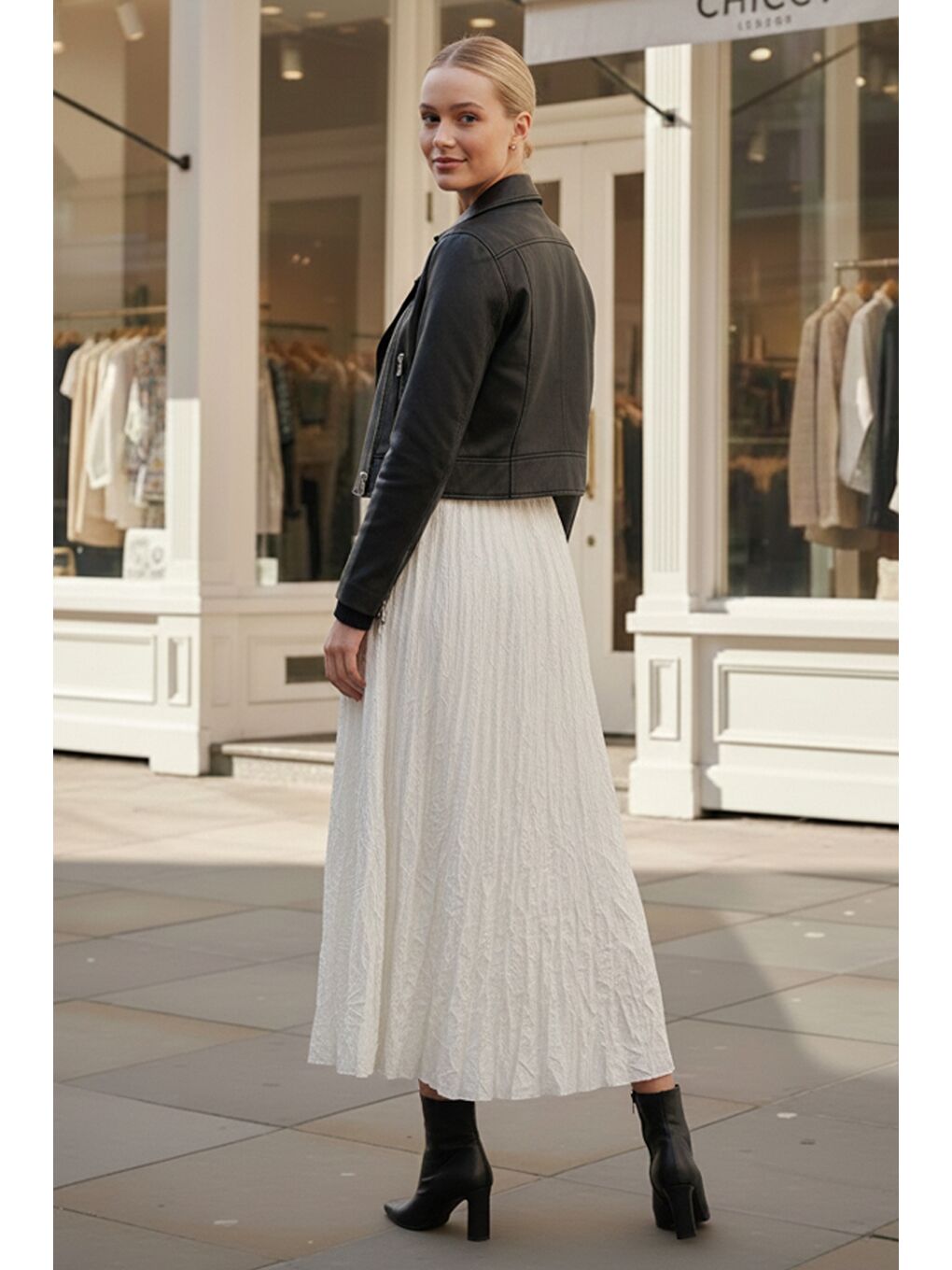 Ekru Lastikli Bel Casual Krinkıl Uzun Dokuma Etek 95 60-2