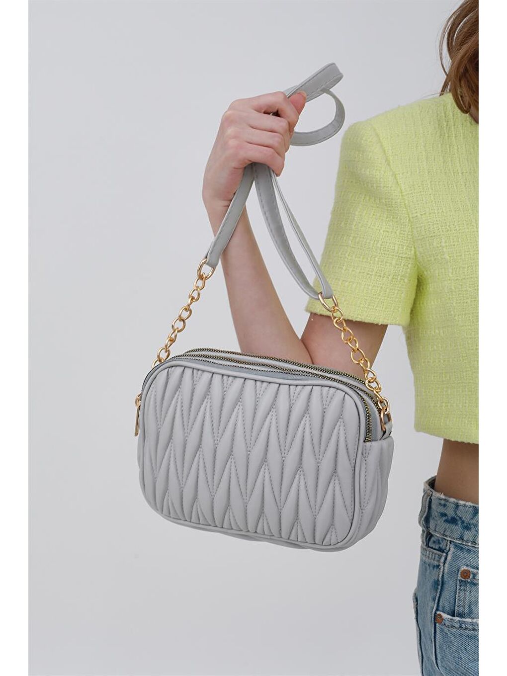 Çok Bölmeli Kapitoneli Çapraz Çanta Gri-5