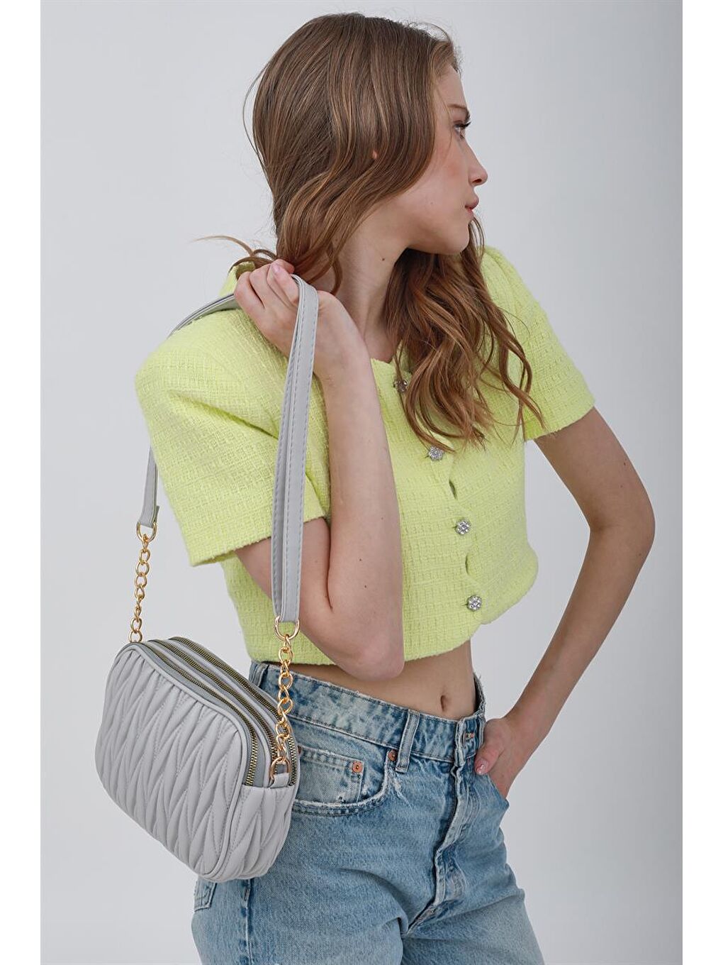 Çok Bölmeli Kapitoneli Çapraz Çanta Gri-6