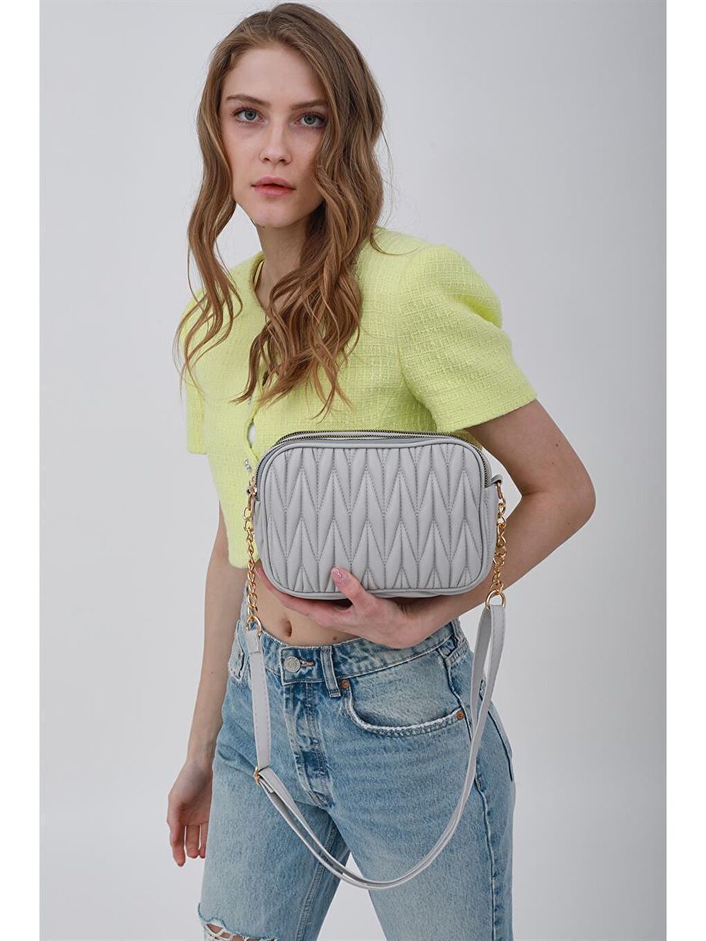 Çok Bölmeli Kapitoneli Çapraz Çanta Gri-7