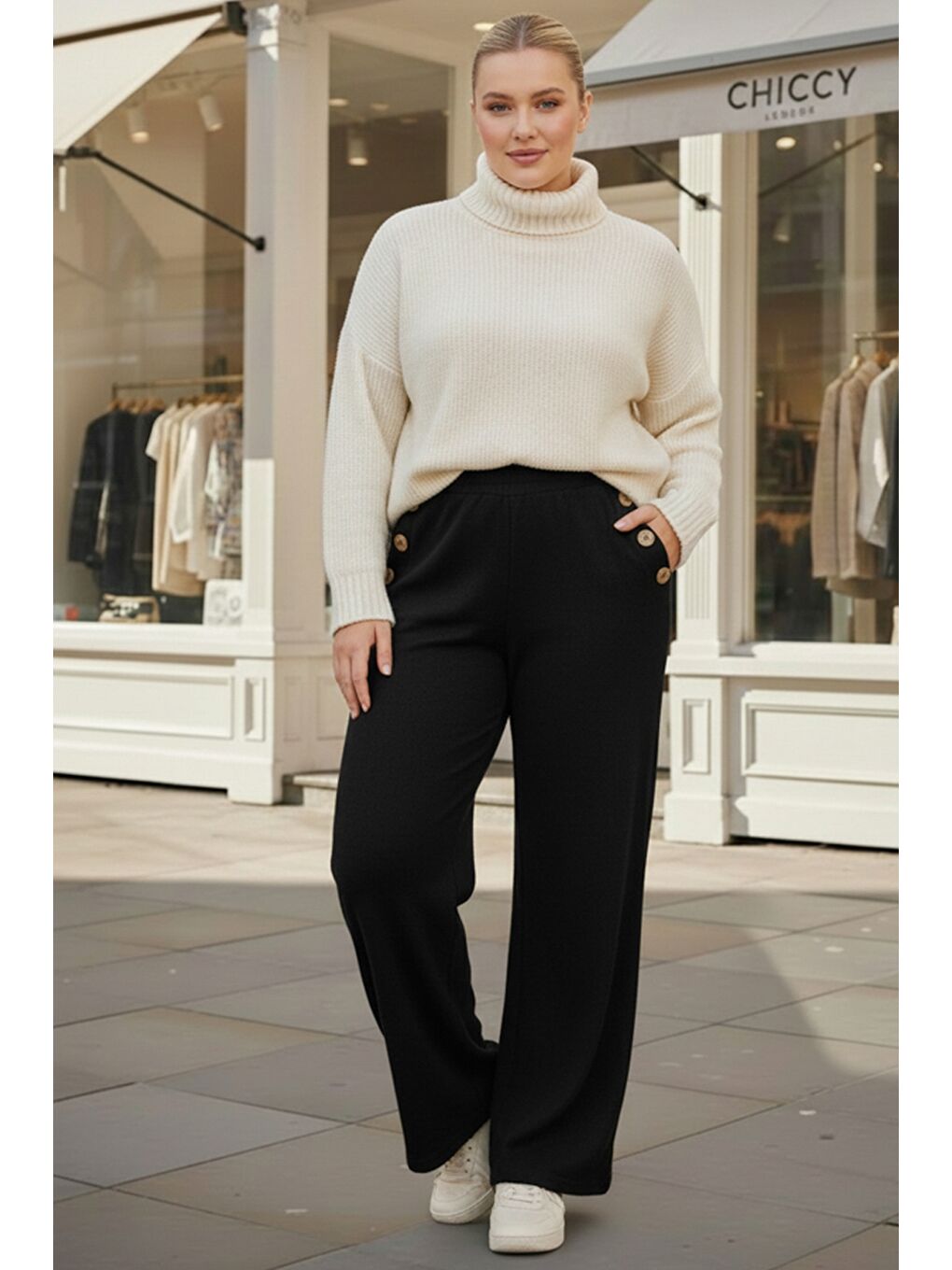 İtalyan Büyük Beden Siyah Cepli Lastikli Bel Geniş Paça İnce Fitilli Kadife Dokuma Pantolon 100 62-1