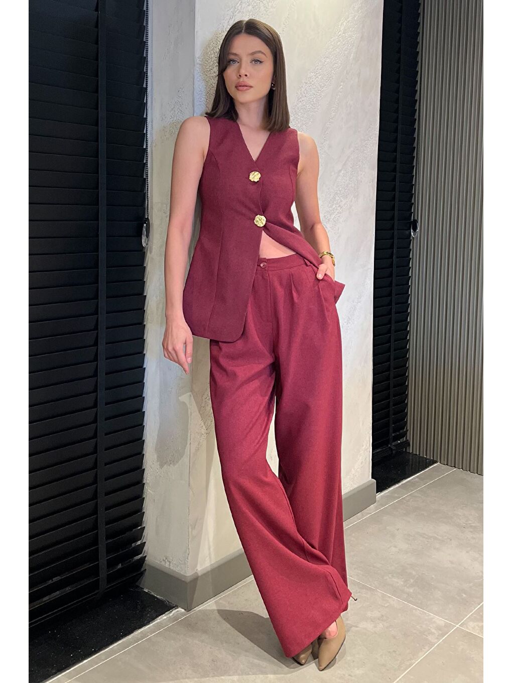Bordo Çift Düğmeli Yelek Pantolon İkili Takım-1