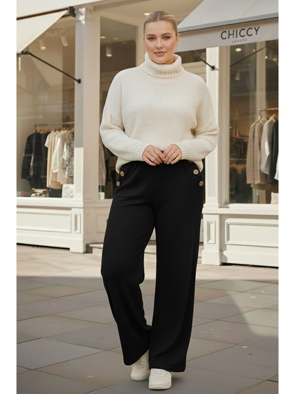 İtalyan Büyük Beden Siyah Cepli Lastikli Bel Geniş Paça İnce Fitilli Kadife Dokuma Pantolon 100 62-2