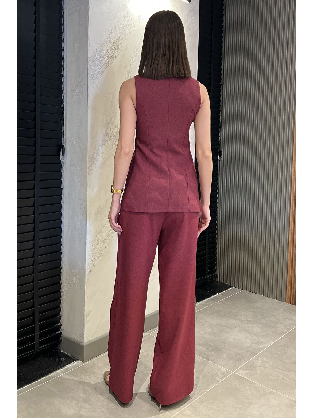 Bordo Çift Düğmeli Yelek Pantolon İkili Takım-2