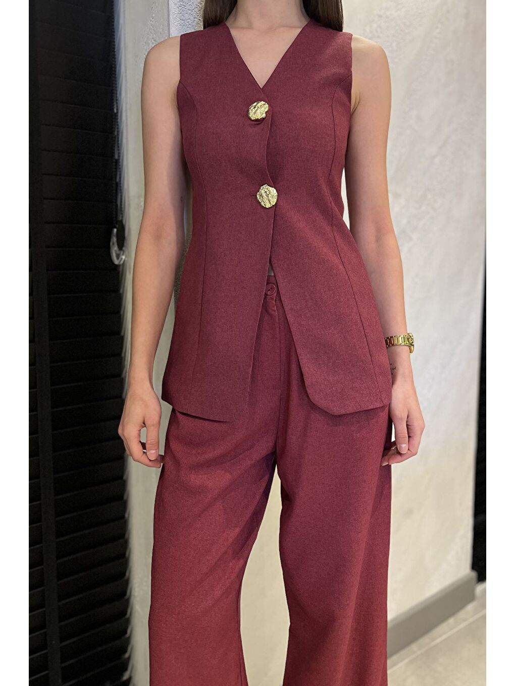 Bordo Çift Düğmeli Yelek Pantolon İkili Takım-3