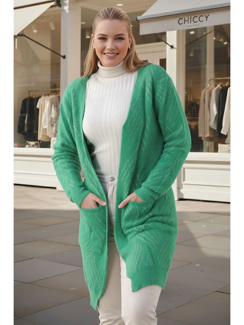 Büyük Beden Yeşil Uzun Kol Desenli Casual Yumoş Oversize Triko Hırka 90 77