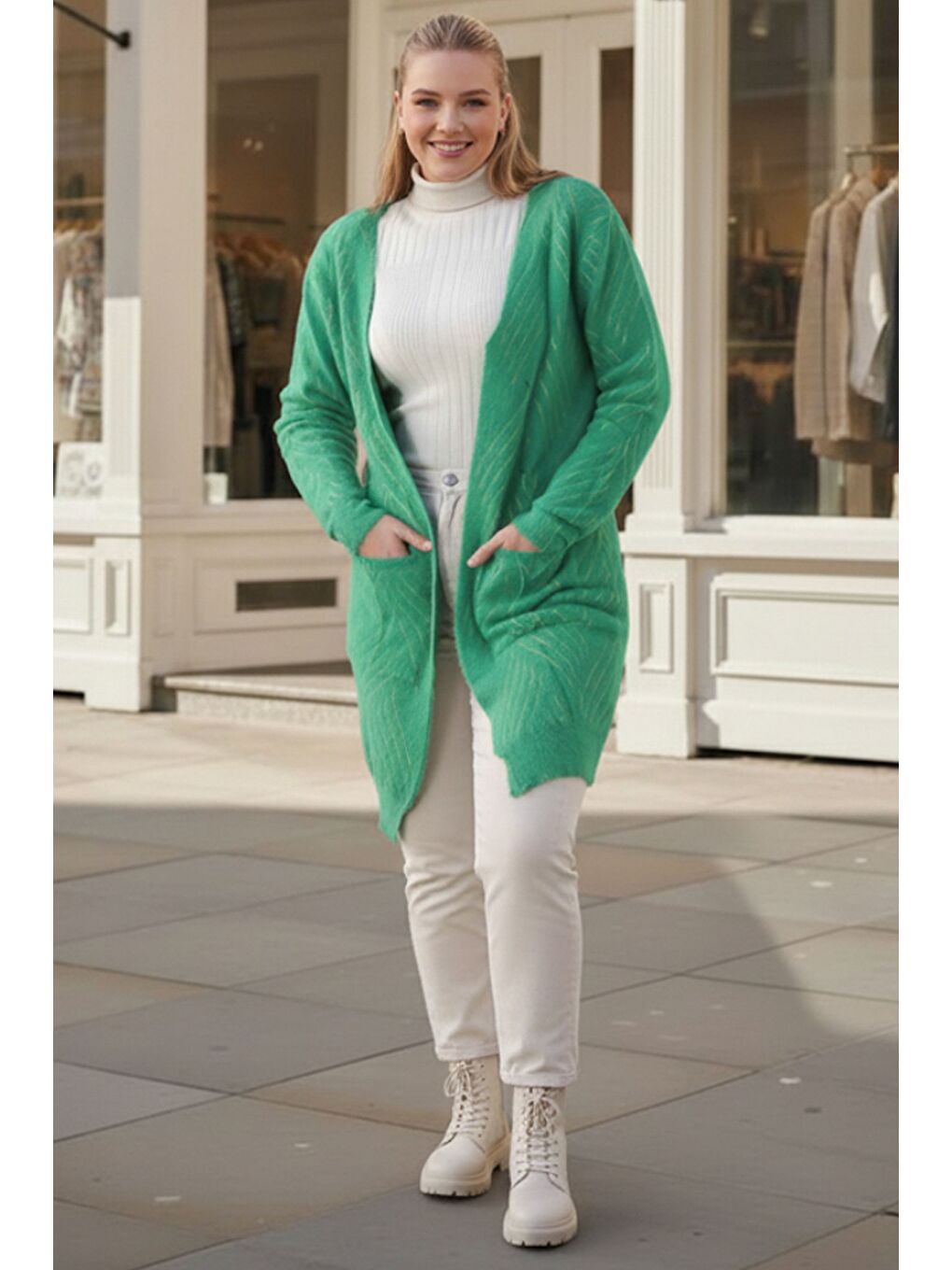 Büyük Beden Yeşil Uzun Kol Desenli Casual Yumoş Oversize Triko Hırka 90 77-1