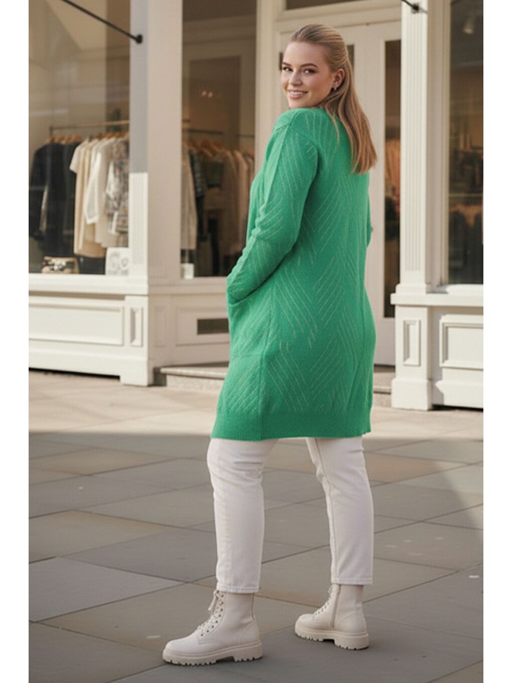 Büyük Beden Yeşil Uzun Kol Desenli Casual Yumoş Oversize Triko Hırka 90 77-2