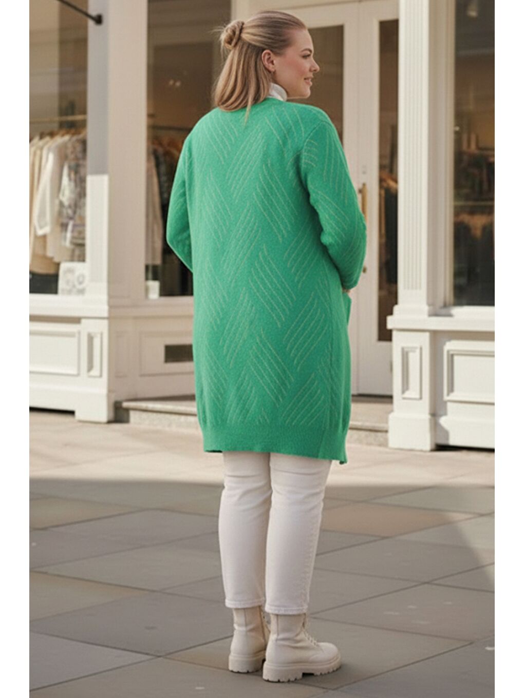 Büyük Beden Yeşil Uzun Kol Desenli Casual Yumoş Oversize Triko Hırka 90 77-3