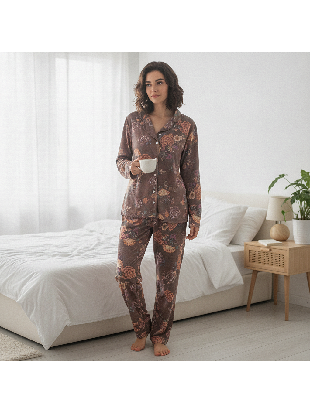 Karışık Kadın Giyim Önden Düğmeli Baskılı Pijama Takımı Bb2671-4