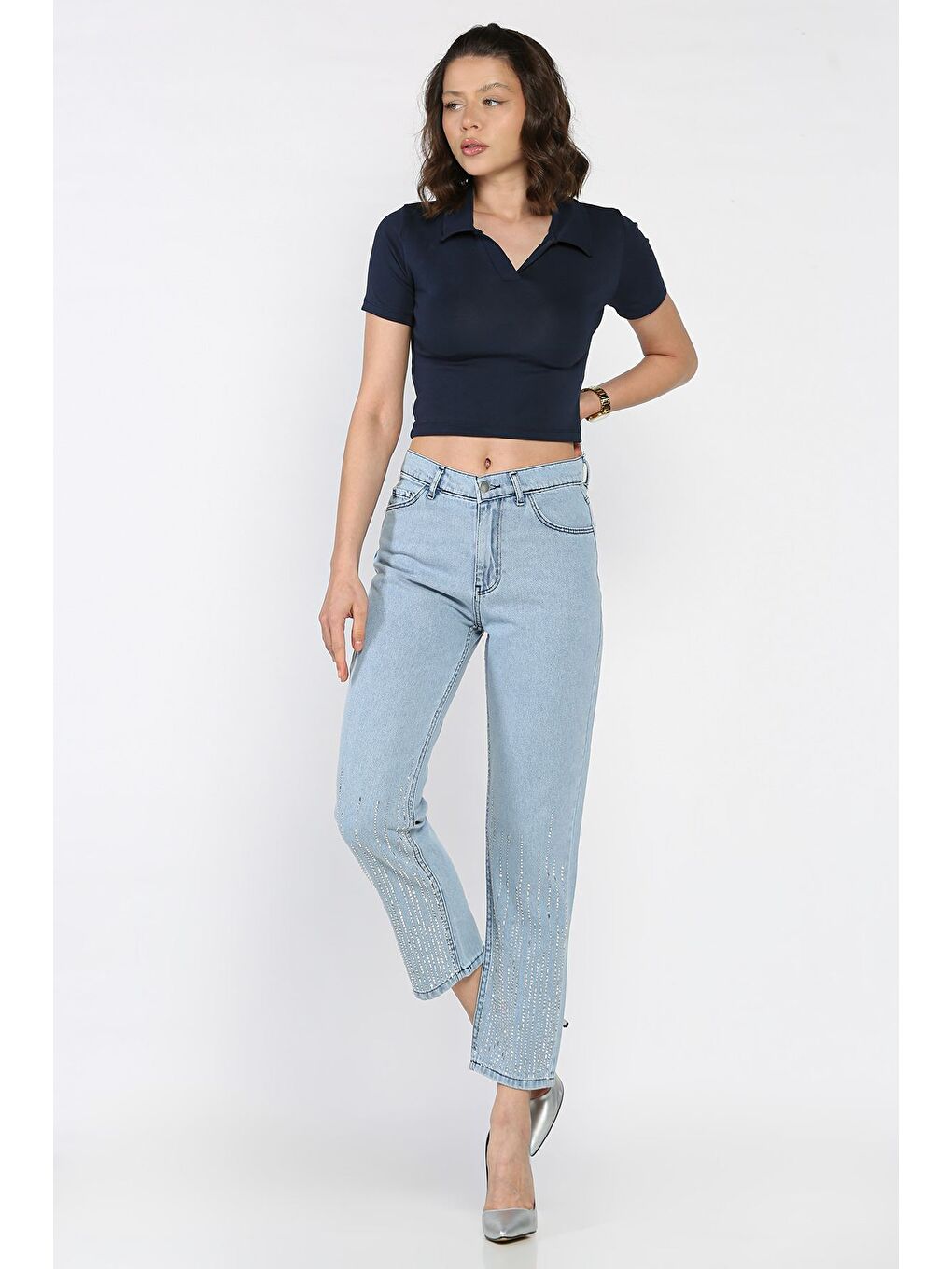 Mavi Kadın Yüksek Bel Taş İşlemeli Jean Jean Pantolon-1