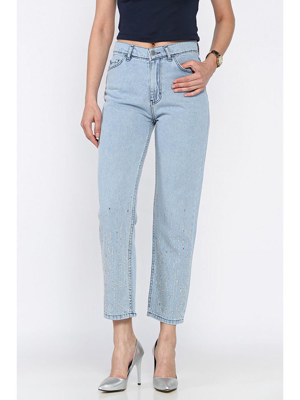 Mavi Kadın Yüksek Bel Taş İşlemeli Jean Jean Pantolon-3