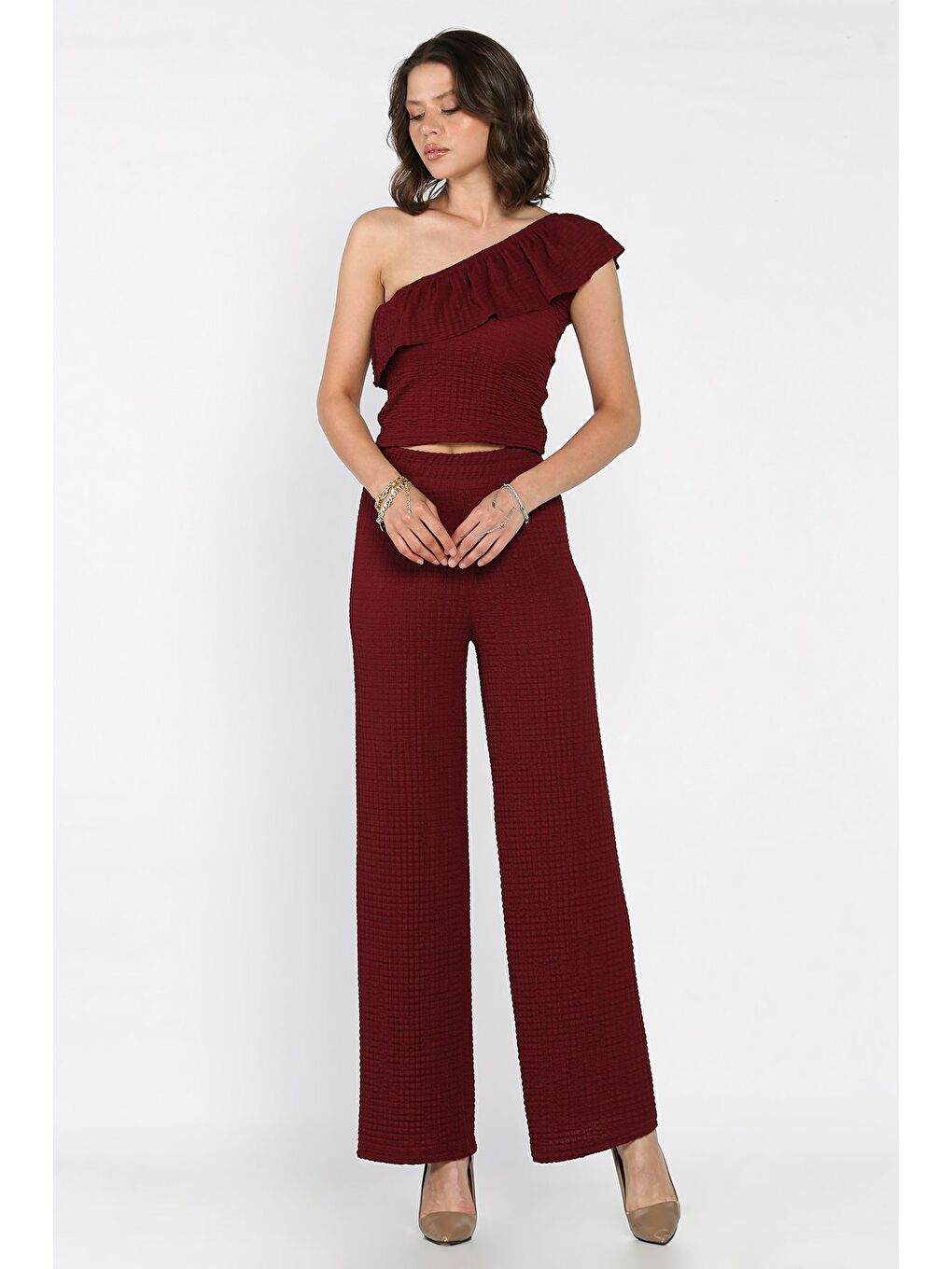 Bordo Kadın Kendinden Desenli Tek Omuz Bluz Pantolon İkili Takım-1