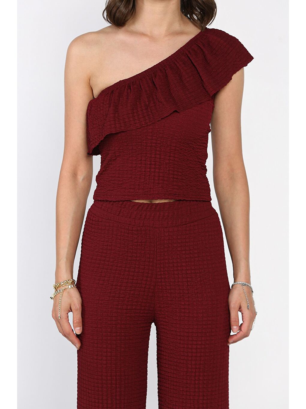 Bordo Kadın Kendinden Desenli Tek Omuz Bluz Pantolon İkili Takım-3