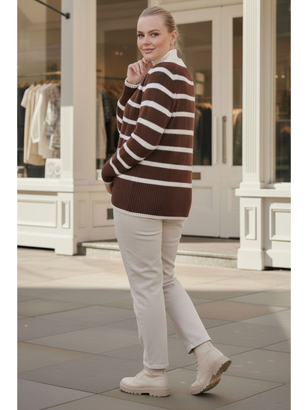 Büyük Beden Koyu Kahverengi V Yaka Uzun Kol Çizgili Düğmeli Kalın Casual Triko Hırka 70 70-3