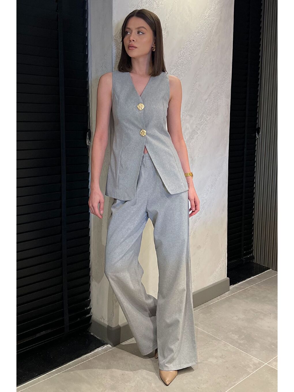 Gri Çift Düğmeli Yelek Pantolon İkili Takım-1