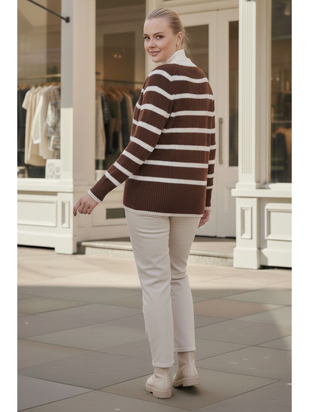 Büyük Beden Koyu Kahverengi V Yaka Uzun Kol Çizgili Düğmeli Kalın Casual Triko Hırka 70 70-4