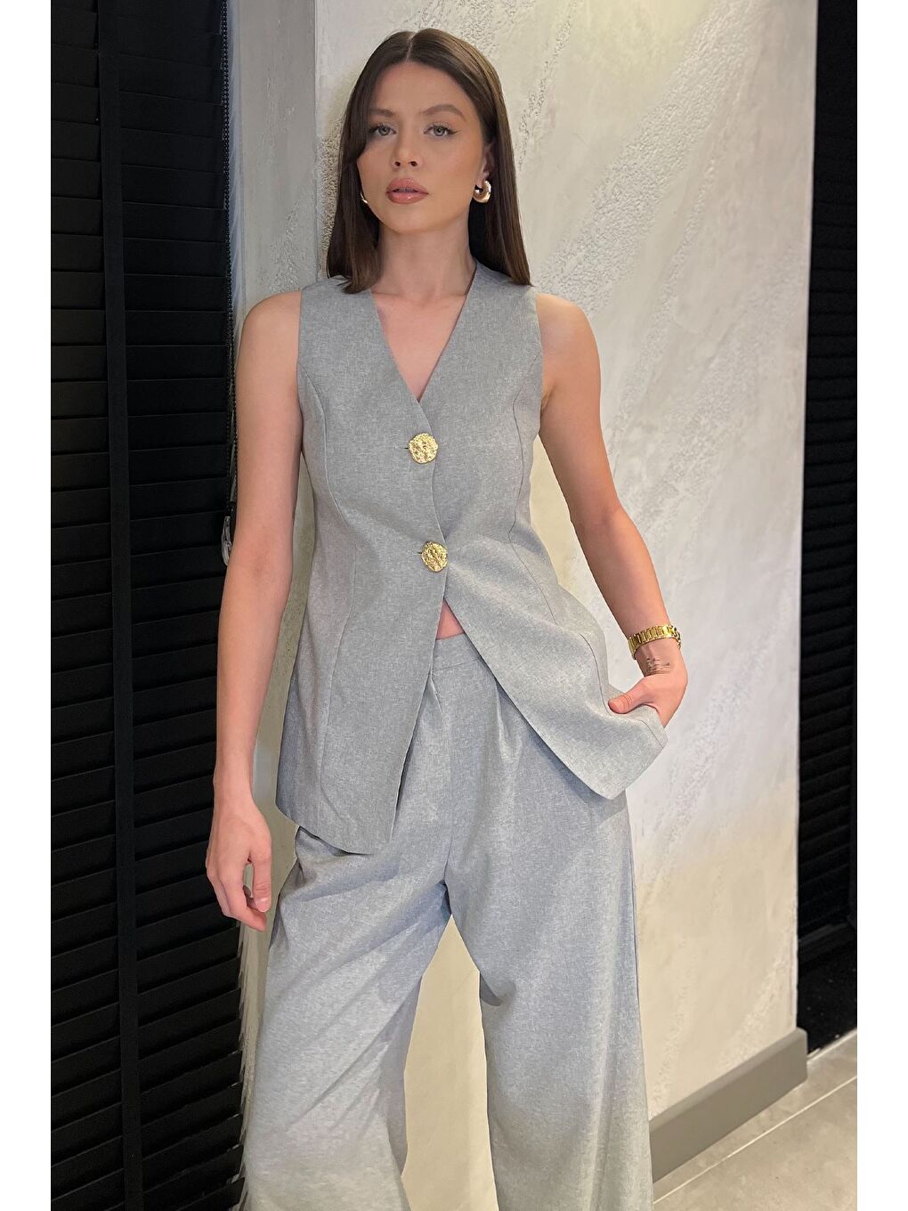 Gri Çift Düğmeli Yelek Pantolon İkili Takım-2