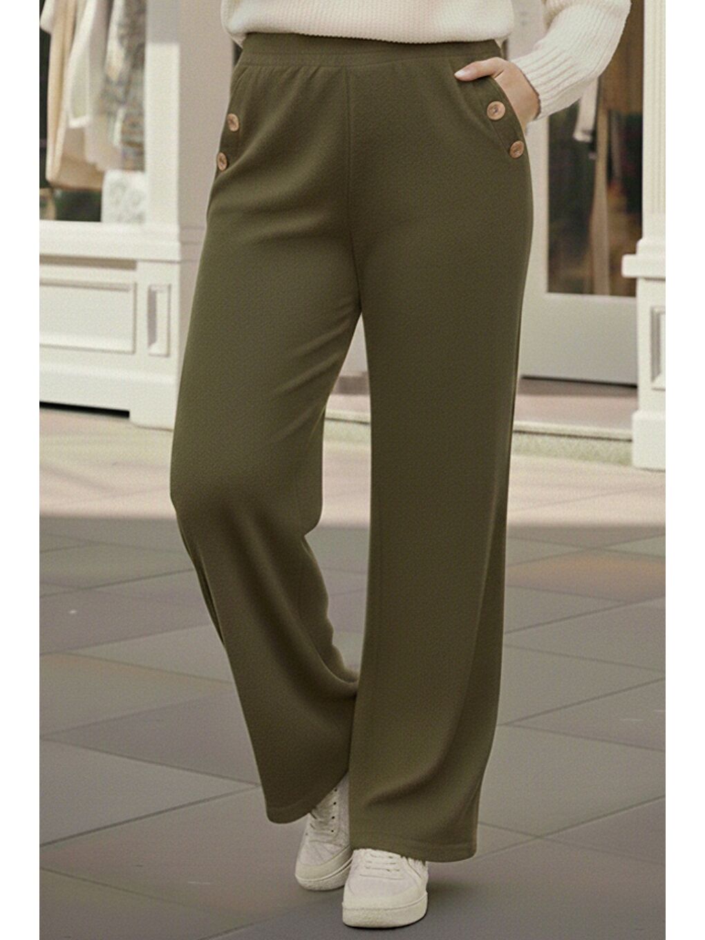 İtalyan Büyük Beden Haki Cepli Lastikli Bel Geniş Paça İnce Fitilli Kadife Dokuma Pantolon 100 62