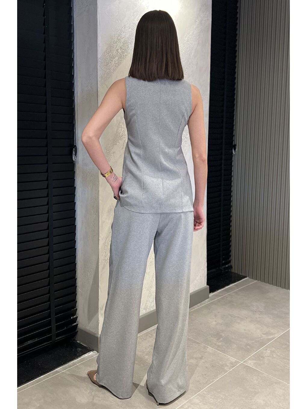 Gri Çift Düğmeli Yelek Pantolon İkili Takım-3