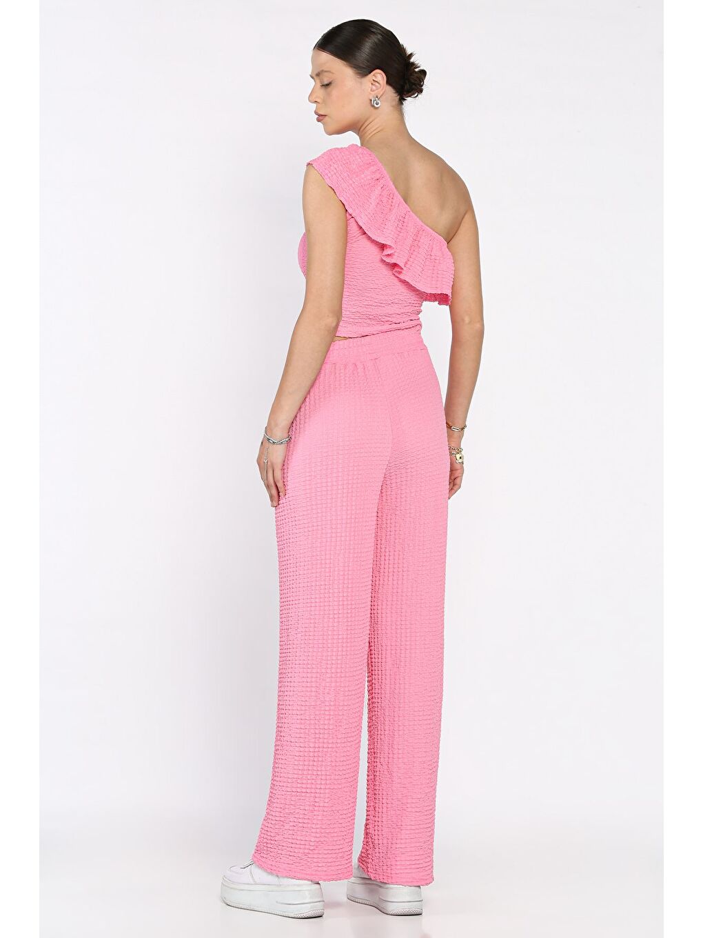 Pembe Kadın Kendinden Desenli Tek Omuz Bluz Pantolon İkili Takım-2