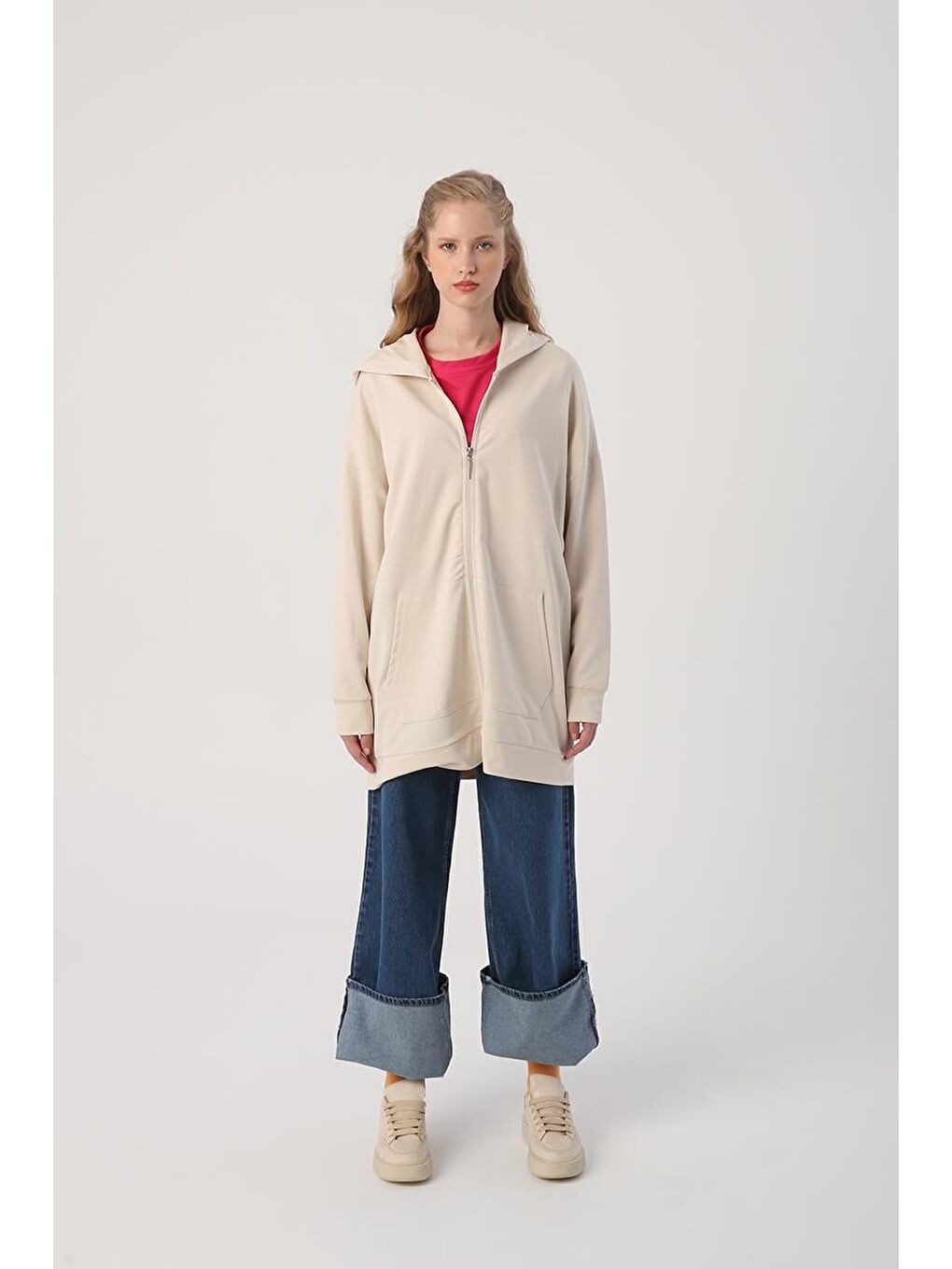 Açık Bej Kapüşonlu Fermuarlı Sweat Hırka-1