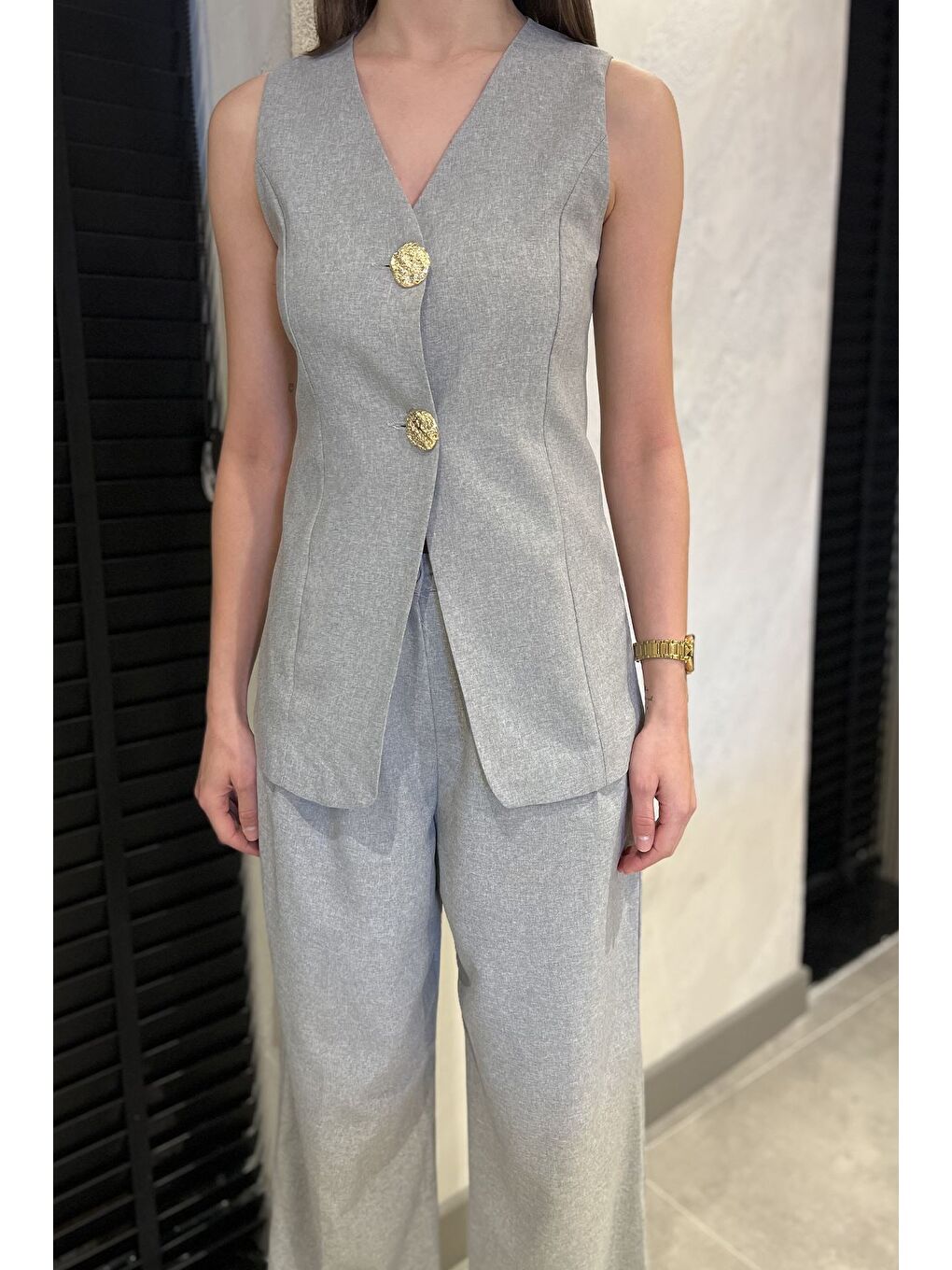 Gri Çift Düğmeli Yelek Pantolon İkili Takım-4