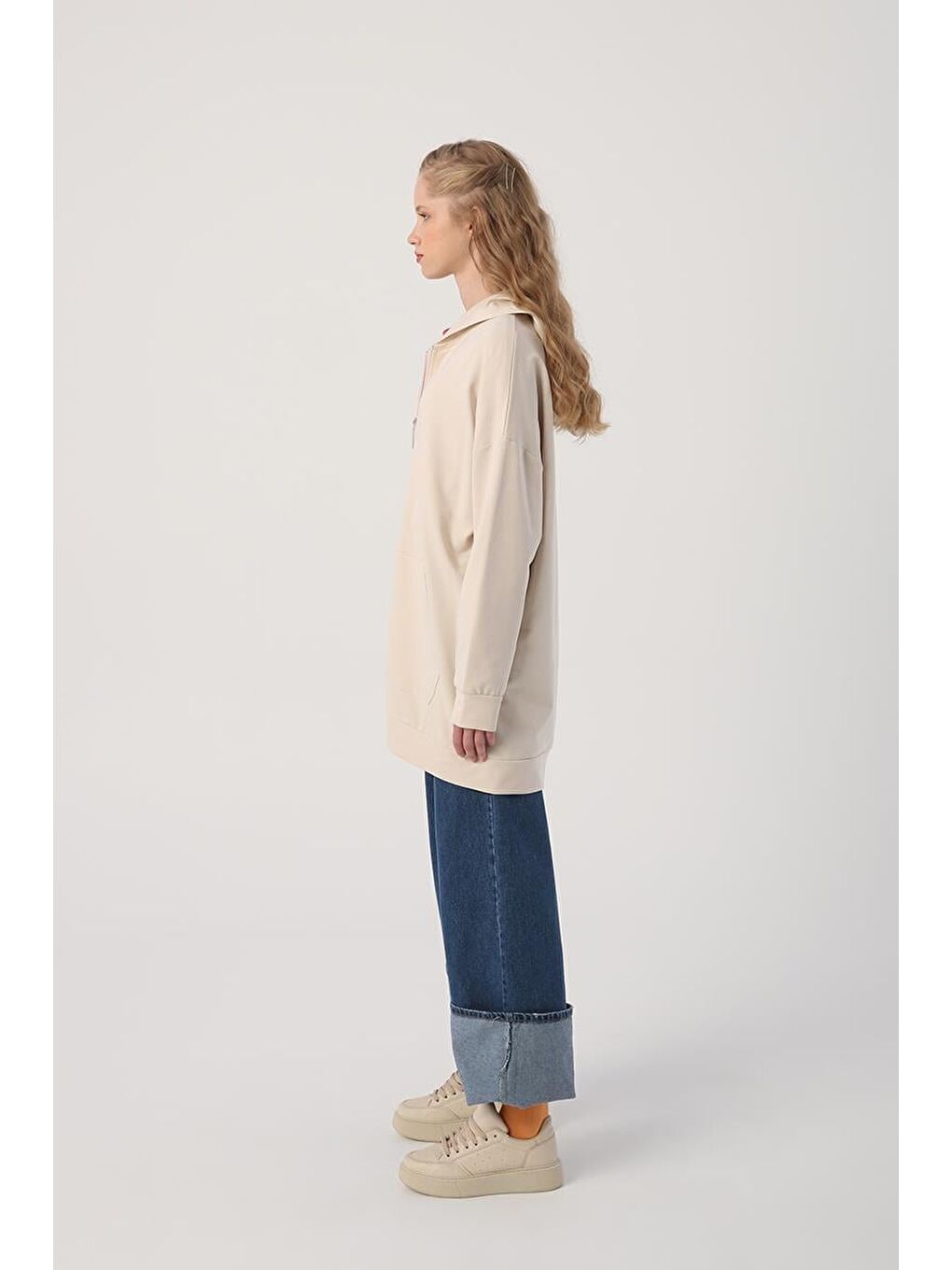 Açık Bej Kapüşonlu Fermuarlı Sweat Hırka-2