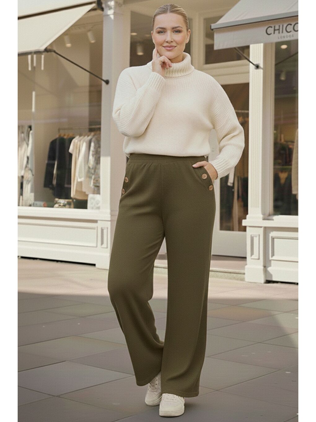 İtalyan Büyük Beden Haki Cepli Lastikli Bel Geniş Paça İnce Fitilli Kadife Dokuma Pantolon 100 62-1