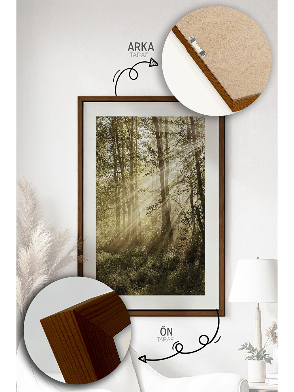 Beyaz Tek Parça Kahverengi Gerçek Ahşap Çerçeveli Tablo Seti - Model 7 - ERSYKHVCRV7-3348-2