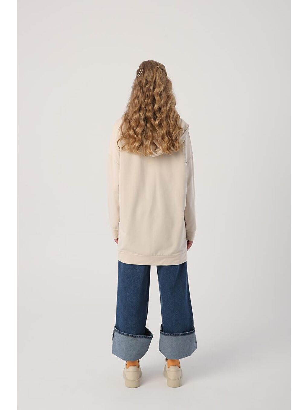 Açık Bej Kapüşonlu Fermuarlı Sweat Hırka-3