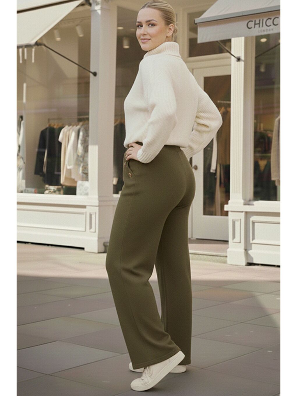 İtalyan Büyük Beden Haki Cepli Lastikli Bel Geniş Paça İnce Fitilli Kadife Dokuma Pantolon 100 62-2