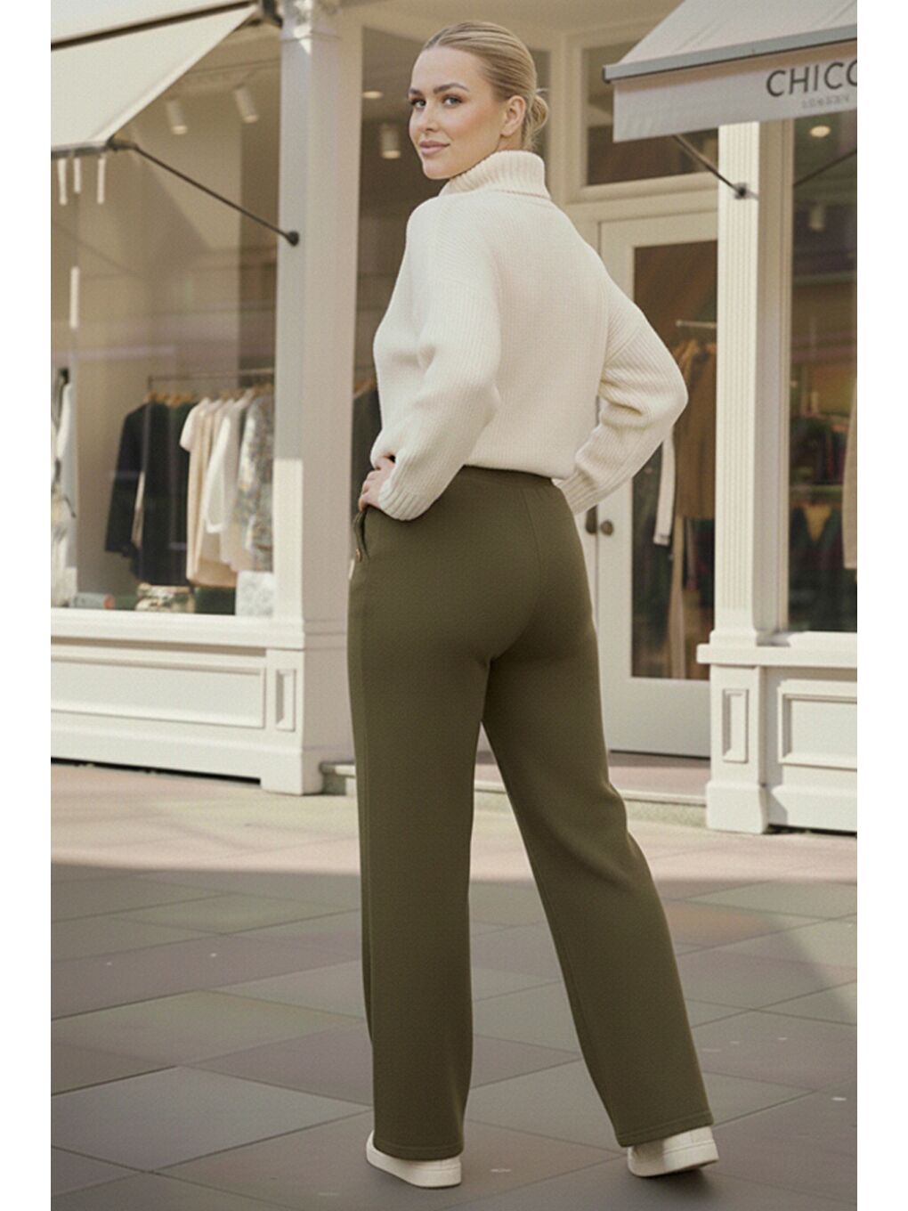 İtalyan Büyük Beden Haki Cepli Lastikli Bel Geniş Paça İnce Fitilli Kadife Dokuma Pantolon 100 62-3