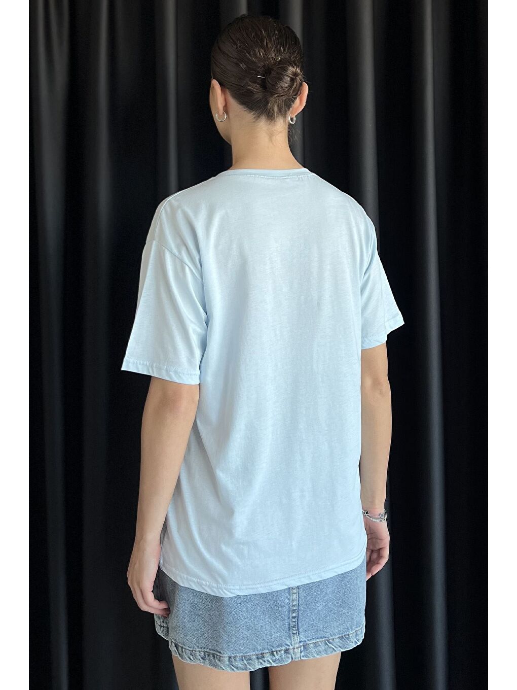 Mavi Kadın Bisiklet Yaka Baskılı Taş İşlemeli Tişört-2