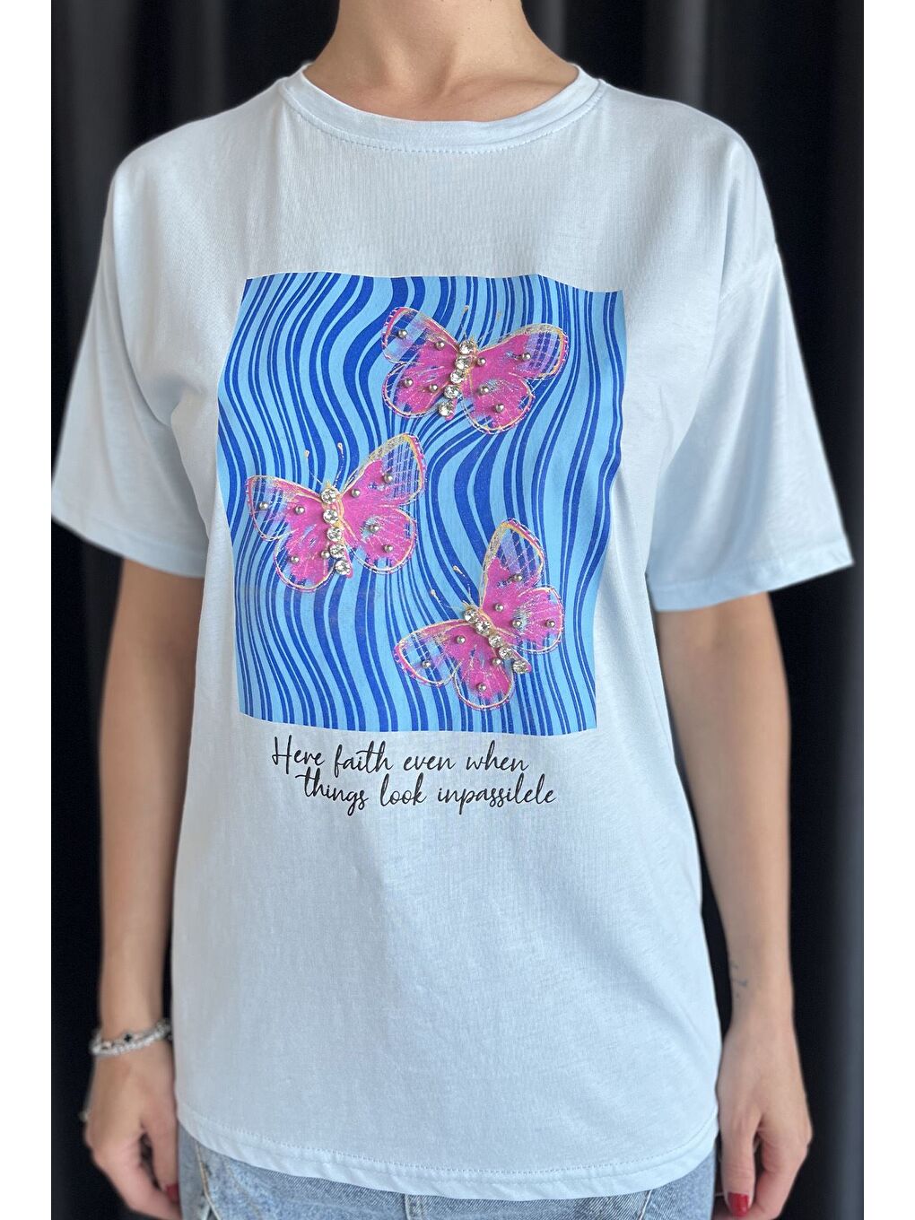 Mavi Kadın Bisiklet Yaka Baskılı Taş İşlemeli Tişört-3