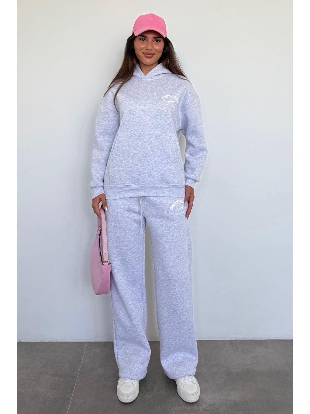 Beyaz Karmelanj Kapüşonlu Baskılı Kadın Eşofman Takımı Mg2524-1