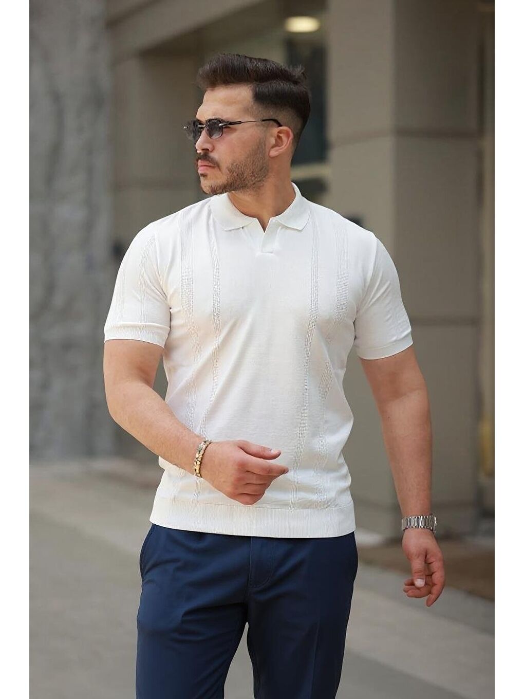 Beyaz Erkek Hemşire Yaka Kısa Kollu Tişört-1