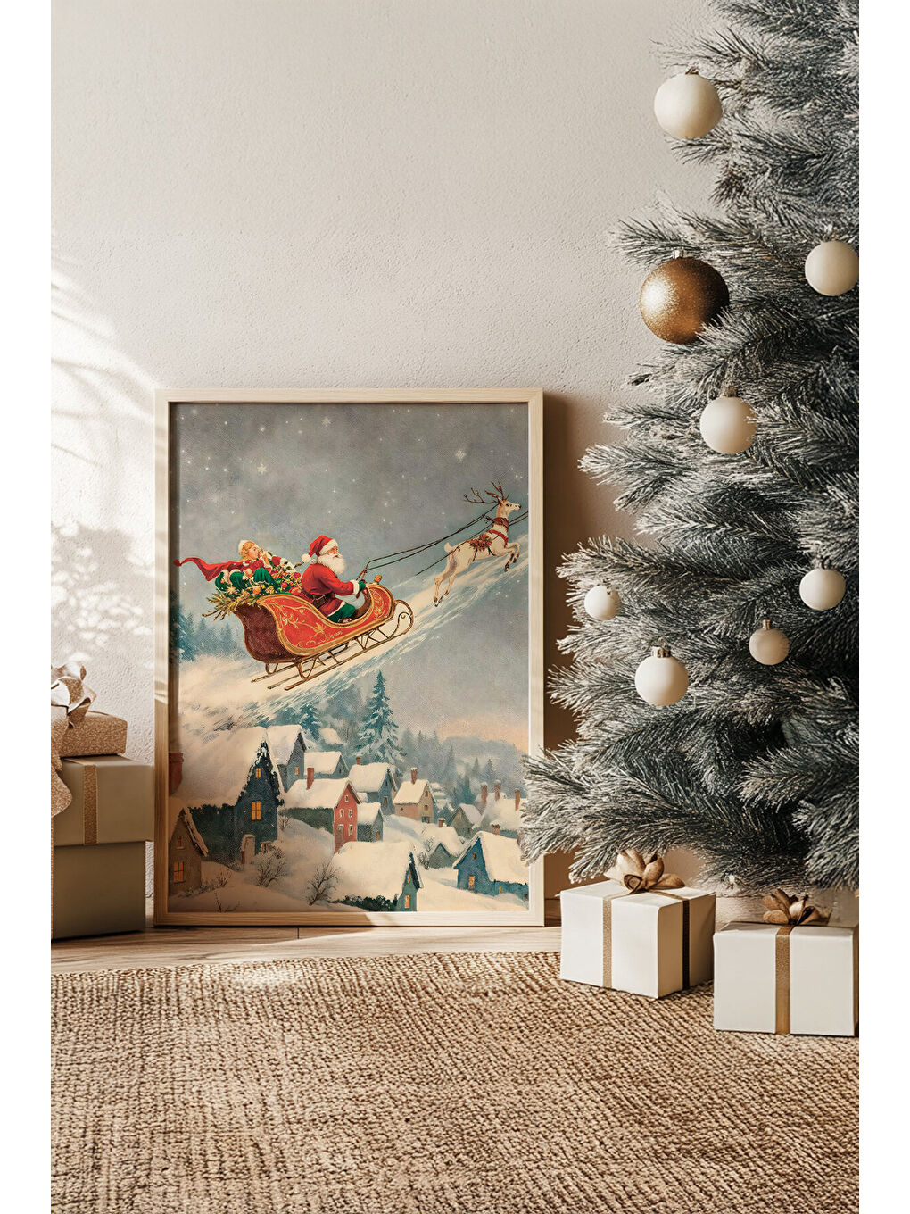 Beyaz Tek Parça Gerçek Ham Ahşap Çerçeveli Yılbaşı(New Year) Temalı Tablo - Model 6 - NWYEARSNGMDL6-5070