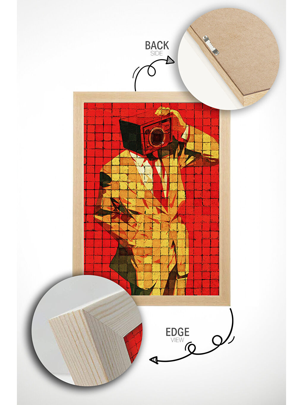 Beyaz Tek Parça Gerçek Ham Ahşap Çerçeveli Popart Mosaic Çizgili Tablo - Model 22 - POPMOSAIC22-3348-1